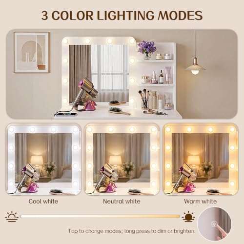 White Vanity Desk with Lighted Mirror and 4 Drawers, view 6