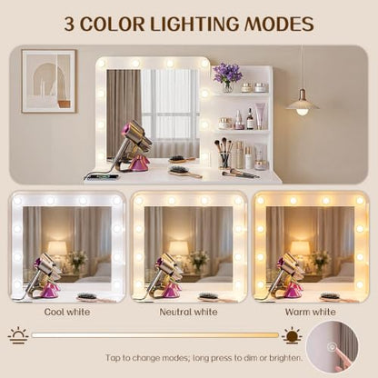 White Vanity Desk with Lighted Mirror and 4 Drawers, view 6