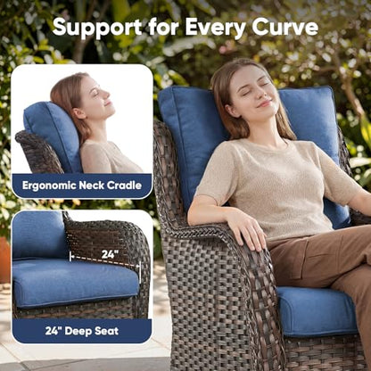 Patio Wicker Chairs Swivel Rocker,Outdoor Patio Furniture Set with Rattan Side Table, All Weather Conversation Set for Porch Poolside Balcony, Brown Wicker/Blue