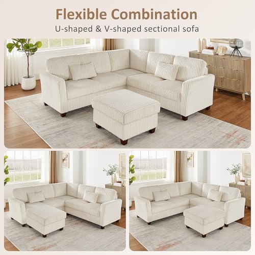 Sectional Corner Couch, Corduroy L Shaped Sofa, 6-Seat Couch,Beige