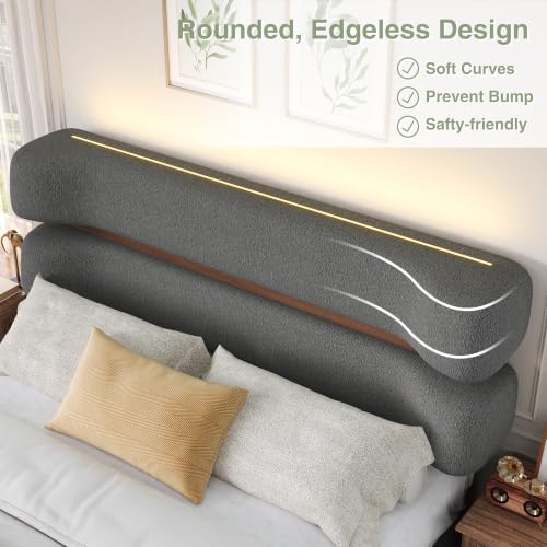 Queen Upholstered LED Bed Frame with Wood Trim Headboard & Storage, Grey, view 5