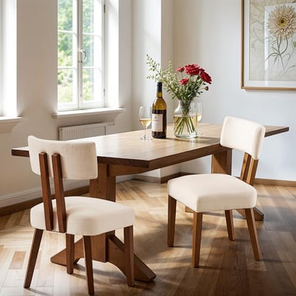 Dining Chairs Set of 4, Mid Century Modern Kitchen Chair Linen Fabric Side Chairs with Curved Backrest for Kitchen, Dining Room, Restaurant, or Patio, Off-White