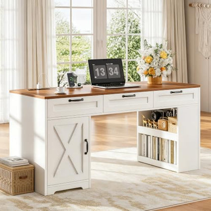 55'' Farmhouse Computer Desk with Drawers for Home Office, Walnut White, view 2