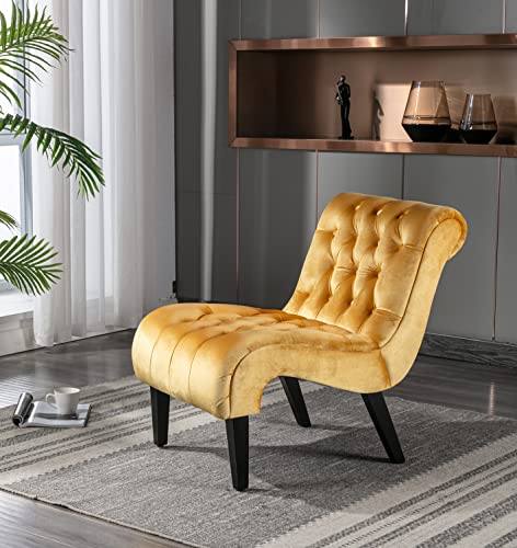 Comfy Velvet Accent Chair, Upholstered Armless Side Chair for Living Room, Modern Small Lounger with Tufted Back and Rolled Edge Design, Comfy Reading Chaise Lounge with Solid Rubber Wood Legs, Yellow