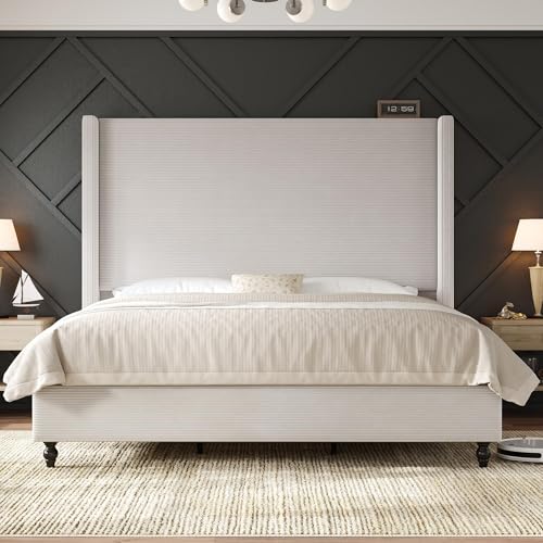 Queen Upholstered Bed Frame with 63" Headboard & Wingback, Cream, view 4