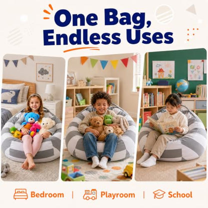 Amzlink® Stuffed Animal Storage Bean Bag Chair Cover for Adults - Stuffable Zipper Beanbag for Organizing Plush Toys, Heavy Duty Large Cotton Canvas, Ideal for Bedroom Playroom Classroo(L for Adults)