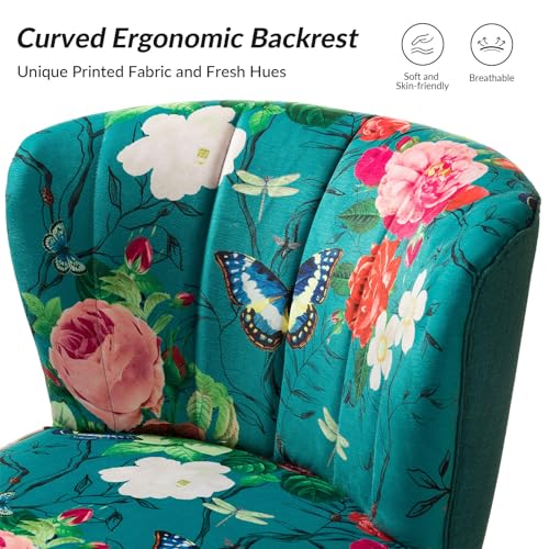 Accent Chair with Golden Metal Legs, Comfy Tufted Wingback Living Room Chair Floral Fabric Small Armless Side Chair, Upholstered Slipper Chair for Bedroom, Reading Room Flower Print