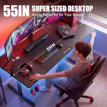 55 Inch Gaming Desk with LED Lights, Large Computer Desk with Mouse Pad for Home Office, T-Shaped Carbon Fibre Surface PC Game Workstations with Headphone Hook