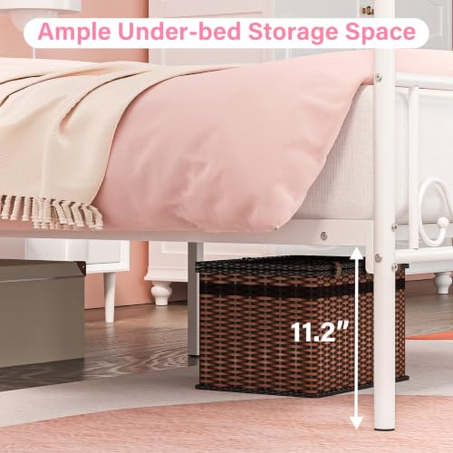 Twin Metal Canopy Bed Frame with Storage Headboard, 4 Poster Bed, White, view 7