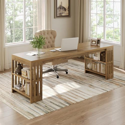 78.7" Long Desk, 2 Person Desk with Shelves, Large Wooden Computer Desk, Heavy Duty Shelf Legs Design for Two Person Home Office, Business, Workstation, Natural (78.7" W x 23.6" D)