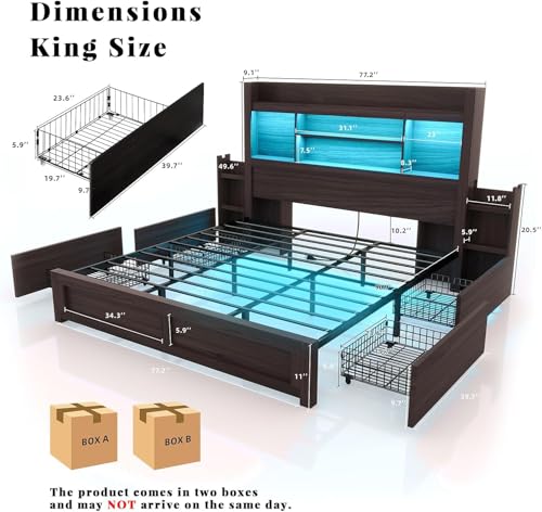 King Size Bed Frame with Bookcase Headboard & Storage, Black, view 3