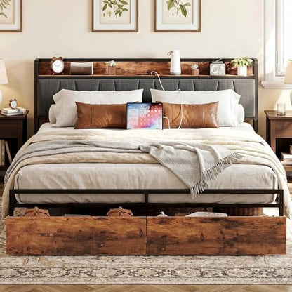 King Size Bed Frame with 2 Drawers and Charging Station, view 2