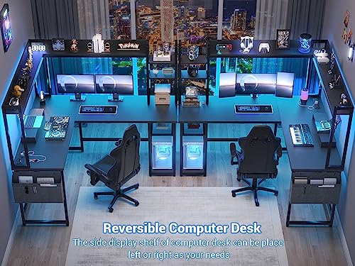 L Shaped Desk with Power Outlet, L Shaped Gaming Desk with Led Light & Hutch, Reversible Home Office Desk, Corner Computer Desk Writing Desk with Monitor Stand & Storage Shelves, Black