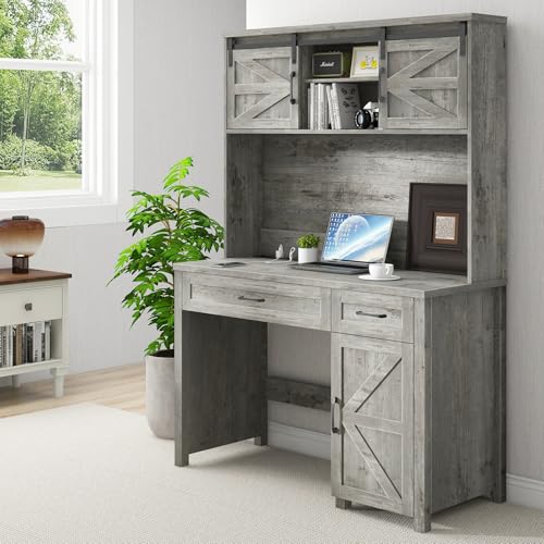 Farmhouse 47" Computer Desk with Hutch, Workstation, Grey, view 8