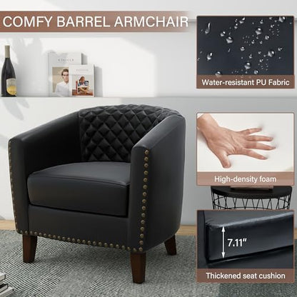 Faux Leather Barrel Accent Chairs Set of 4, Modern Club Arm Chair Comfy Upholstered Single Sofa Chair with Solid Wood Legs and Nailhead Trim for Living Room/Reading Room, Black