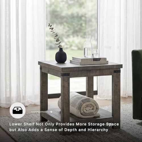 Signature Design by Ashley Hollum End Table, 24 Inch Square Side Table, Farmhouse Wood Look, Storage Shelf for Living Room, Rustic Brown