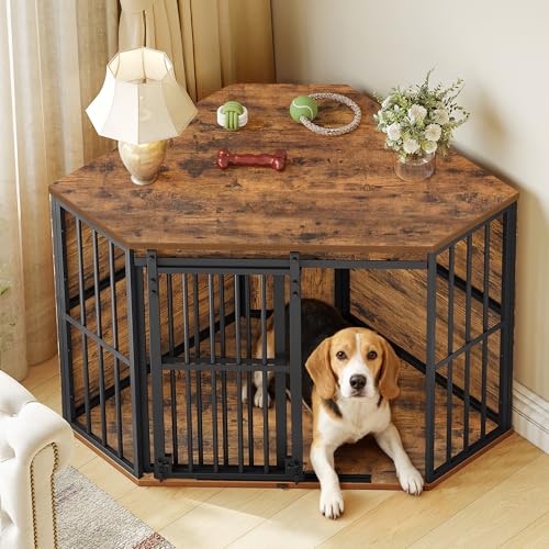 Corner Dog Crate Furniture Wooden Dog Kennel Indoor with Barn Door, view 2