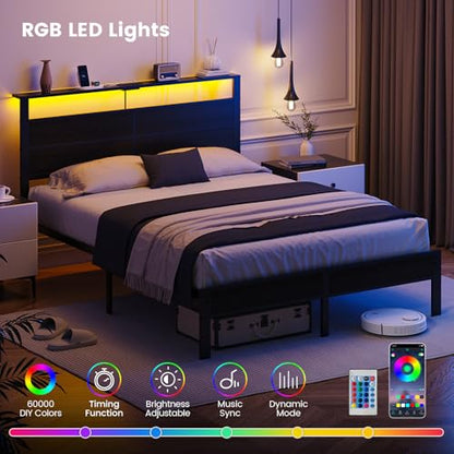 Queen Size Bed Frame with LED Lights and Charging Station Headboard, view 5