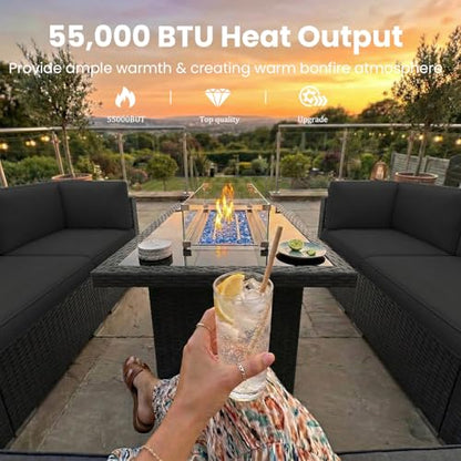8 Pieces Patio Furniture Set with 44" Propane Gas Fire Pit Table, Outdoor Sectional Wicker Conversation Sofa Sets with Coffee Table