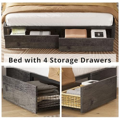 King Bed Frame with 4 Storage Drawers, Charcoal Grey, view 5