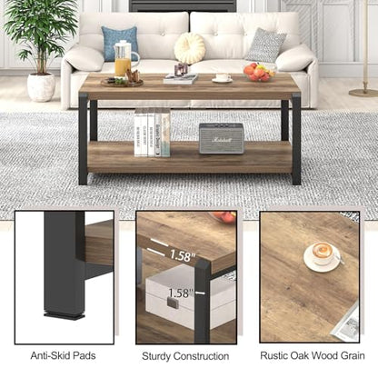 Modern Coffee Table, Rustic Wood and Metal Center Table for Living Room, Industrial Rectangle Cocktail Tea Table with Storage, Oak