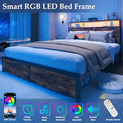 Rustic Brown Metal Bed Frame with Storage and Charging Station, view 6