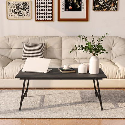 Black Coffee Table Foldable,Center Tables Modern Style, Industrial Wood Tabletop and Metal Frame, Accent Furniture for Home Office, Living Room,End Table,Tea Table, No Assembly
