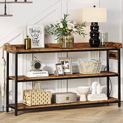 Console Table, Sofa Table with Power Outlet, Farmhouse Hallway Table for Entryway, Living Room, Height Adjustable, Easy Assembly, Rustic Brown,55"