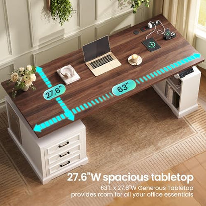 Farmhouse Electric Standing Desk, 63" Height Adjustable Computer Desk with 3 Drawers, Storage Shelves, Power Outlets, Wood Home Office Stand up Desk for Work, Study, Writing, White