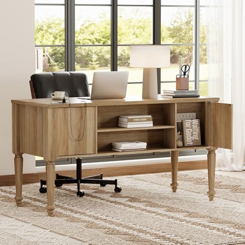 Farmhouse Executive Desk with Drawers, 56 Inch Writing Desk, Oak, view 5