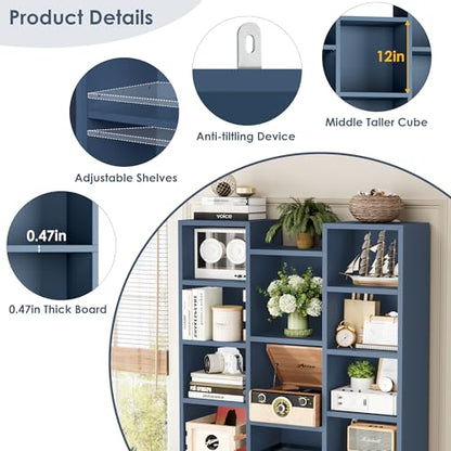71'' Tall Bookshelf with 21 Cubes, 8 Tier Triple Wide Bookshelf with 8 Adjustable Shelves, 35" Large Bookcase DVD/CD Media Tower Storage, Freestanding Display Shelf Cabinet, Blue