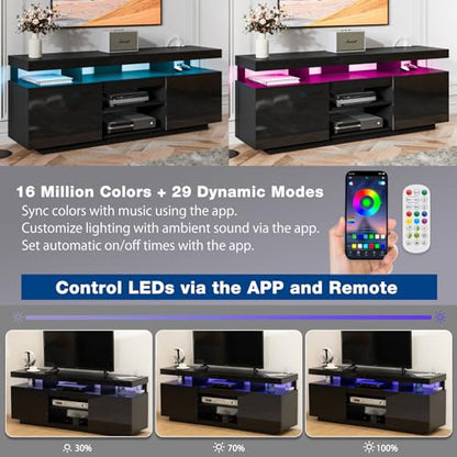 70 Inch LED TV Stand with Power Outlets, Modern Entertainment Center with LED Lights for Living Room, Black Grey Gaming Media Cabinet with Storage, TV Console for 70/65/60/55 inch TVs (64 Inch)