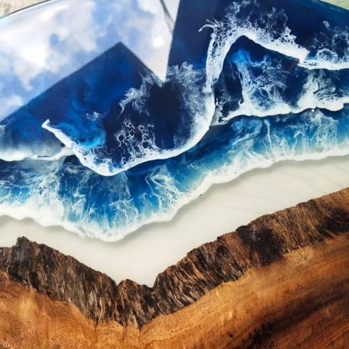 RESINHOMEFURNITURE Stunning Ocean-Inspired Resin Epoxy Table with Natural Wood Grain—Handcrafted Round Live Edge Table Deep Blue Waves and Coastal Charm (30 Inches Tall, 18 x 18 Inches)