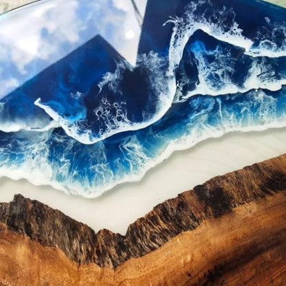 RESINHOMEFURNITURE Stunning Ocean-Inspired Resin Epoxy Table with Natural Wood Grain—Handcrafted Round Live Edge Table Deep Blue Waves and Coastal Charm (30 Inches Tall, 18 x 18 Inches)