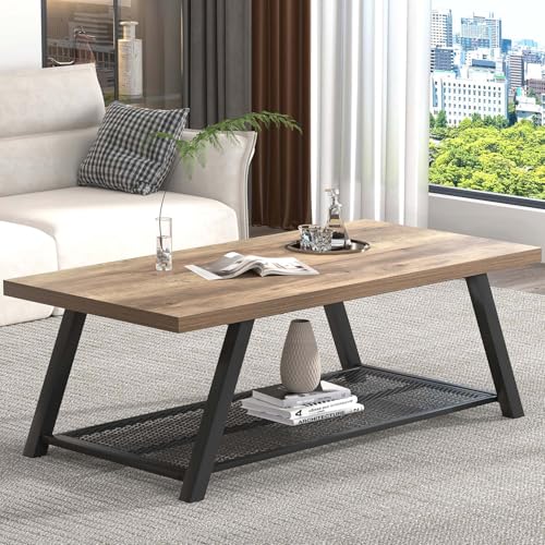 Coffee Table with Storage, Modern Rustic Wood and Metal Coffee Tables for Living Room, Industrial 2-Tier Center Tea Cocktail Table, Oak, 47 Inch