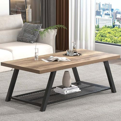 Coffee Table with Storage, Modern Rustic Wood and Metal Coffee Tables for Living Room, Industrial 2-Tier Center Tea Cocktail Table, Oak, 47 Inch
