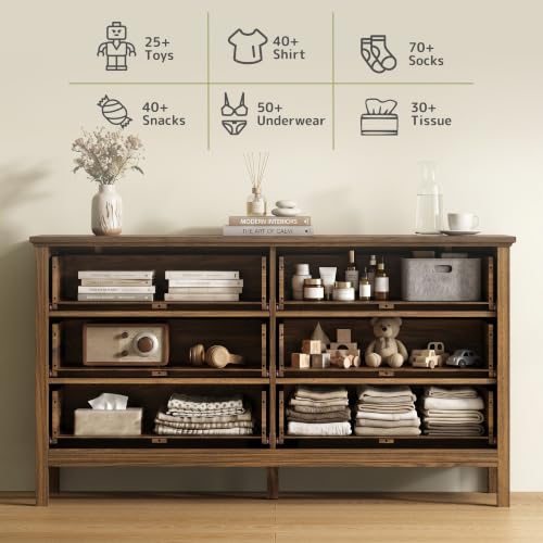 Walnut 6 Drawer Dresser for Bedroom, 55" Wood Chests of Drawers for Hallway, view 4
