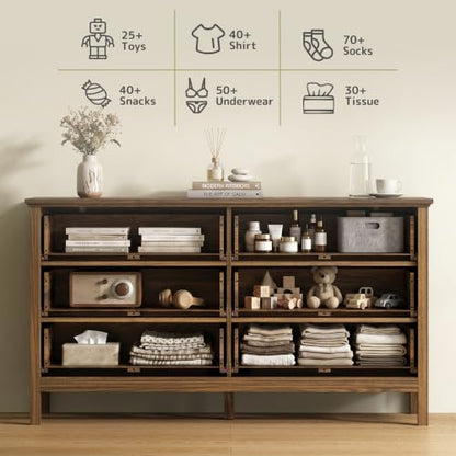 Walnut 6 Drawer Dresser for Bedroom, 55" Wood Chests of Drawers for Hallway, view 4
