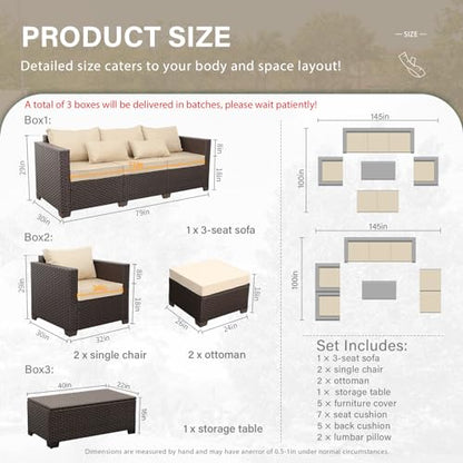 6 Pieces Patio Outdoor Furniture Outdoor Conversation Sets Wicker Sofa Set with Outdoor Couch Patio Chairs Storage Coffee Table Khaki Cushions Waterproof Covers