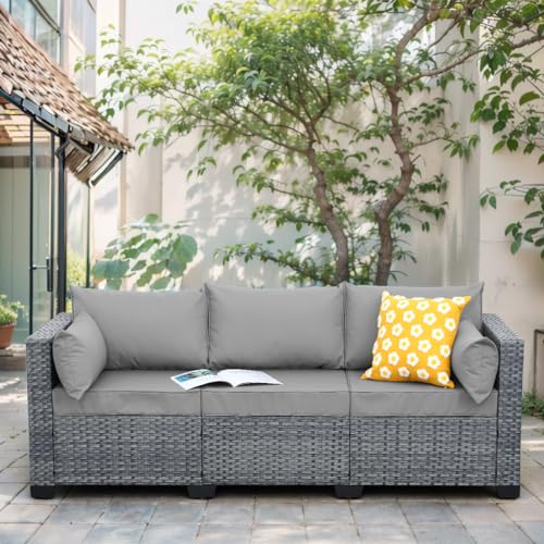 Light grey wicker 3-seat outdoor sofa with deep seats, view 2