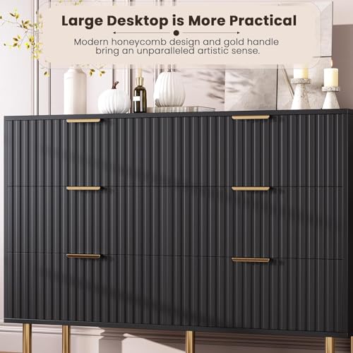 47.2" Fluted Black 6 Drawer Dresser for Bedroom with Deep Drawer, view 7