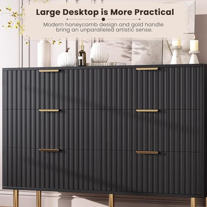 47.2" Fluted Black 6 Drawer Dresser for Bedroom with Deep Drawer, view 7