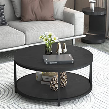 Round Coffee Table, 36" Rustic Wooden Surface Top & Sturdy Metal Legs Industrial Sofa Table for Living Room Modern Design Home Furniture with Storage Open Shelf (Black Oak)