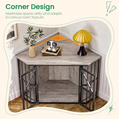 44" Corner Dog Crate Furniture for Medium Dogs, Greige TGW03BG, view 6