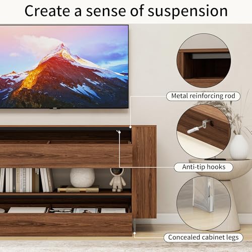 65" TV Stand with 2 Drawers & Hidden Cabinets, Brown Wood Grain Finish, view 4