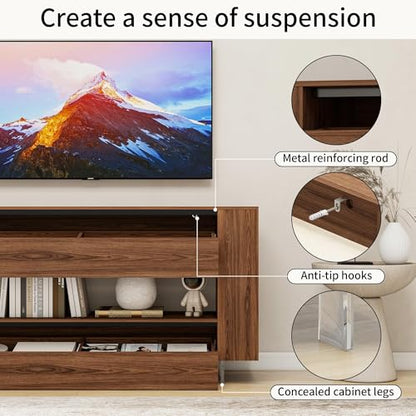 65" TV Stand with 2 Drawers & Hidden Cabinets, Brown Wood Grain Finish, view 4