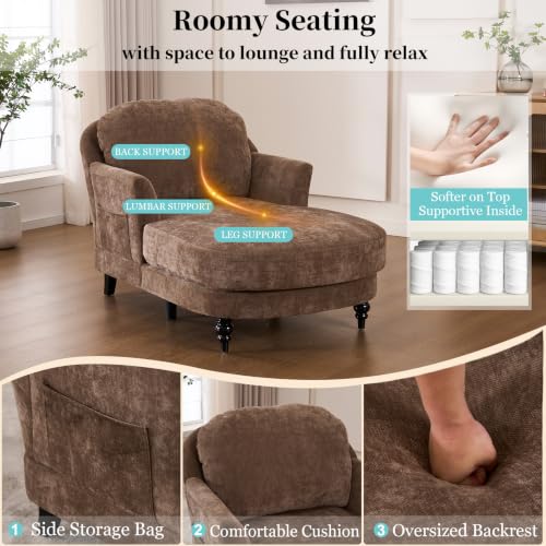 59.8” Chaise Lounge Chair Indoor, Oversized Reading Armchair, Brown, view 5