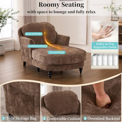 59.8” Chaise Lounge Chair Indoor, Oversized Reading Armchair, Brown, view 5