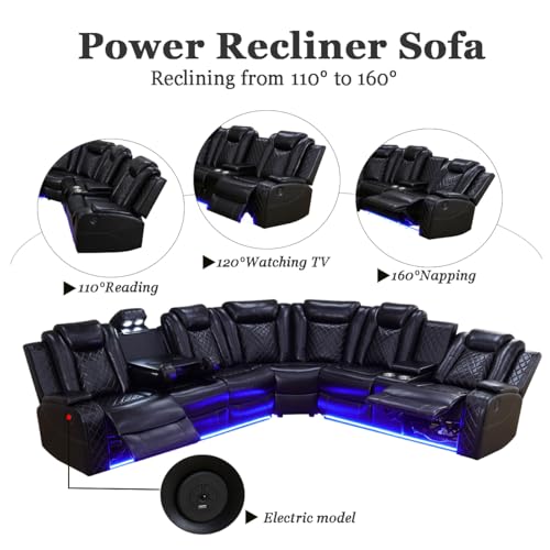 Power Recliner Sectional Sofa Set with LED Light, Leather Reclining Sectional Couches Corner Sectional Sofa Set with 2 Recliner Seats for Living Room with Cup Holder, Storage Console, Black
