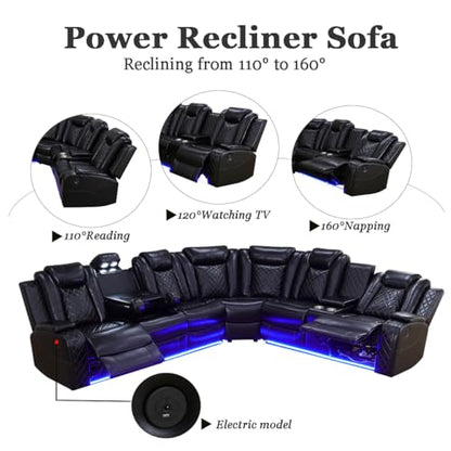 Power Recliner Sectional Sofa Set with LED Light, Leather Reclining Sectional Couches Corner Sectional Sofa Set with 2 Recliner Seats for Living Room with Cup Holder, Storage Console, Black